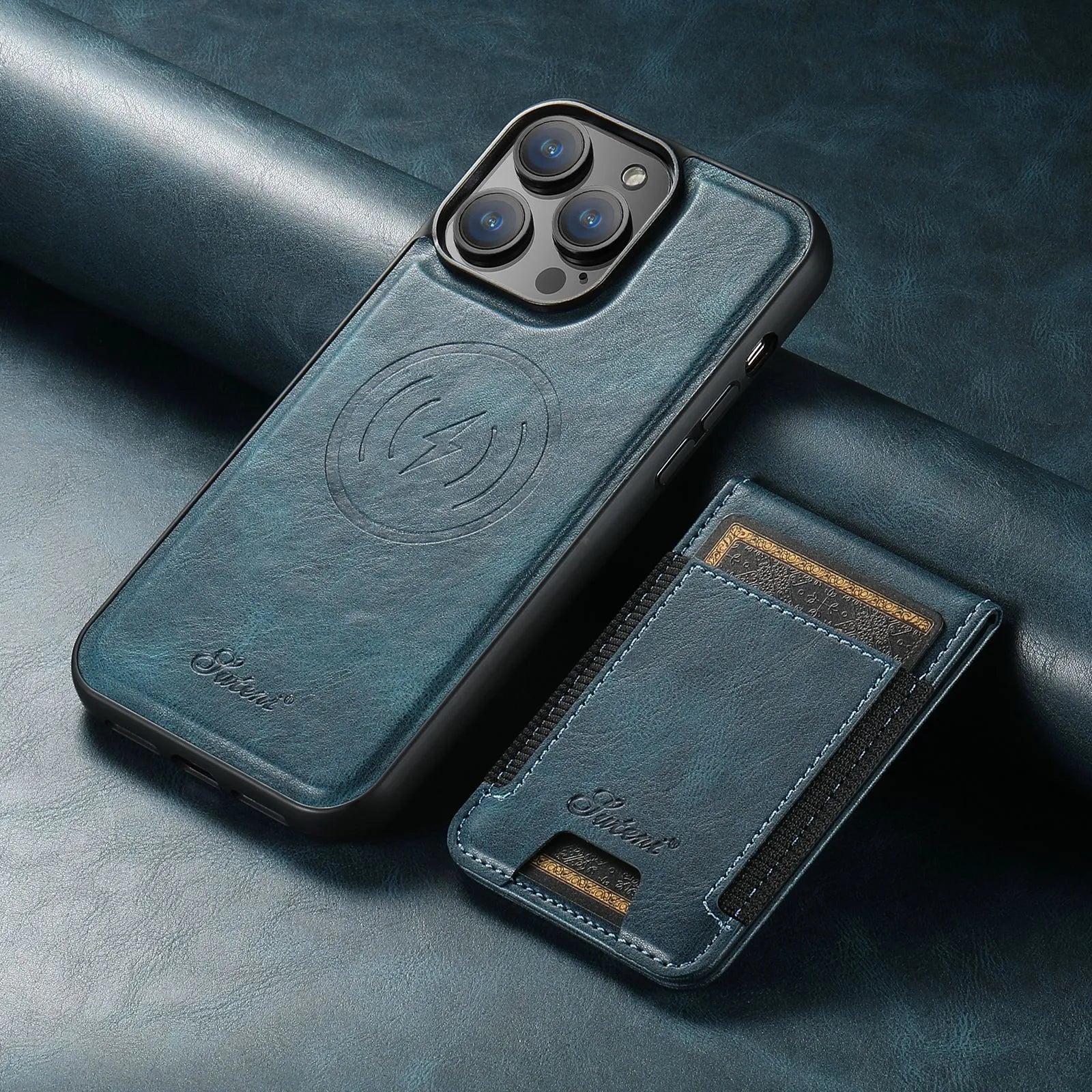 Handmade PU TPU plug-in card phone case with bracket and magnetic suction in lychee black finish