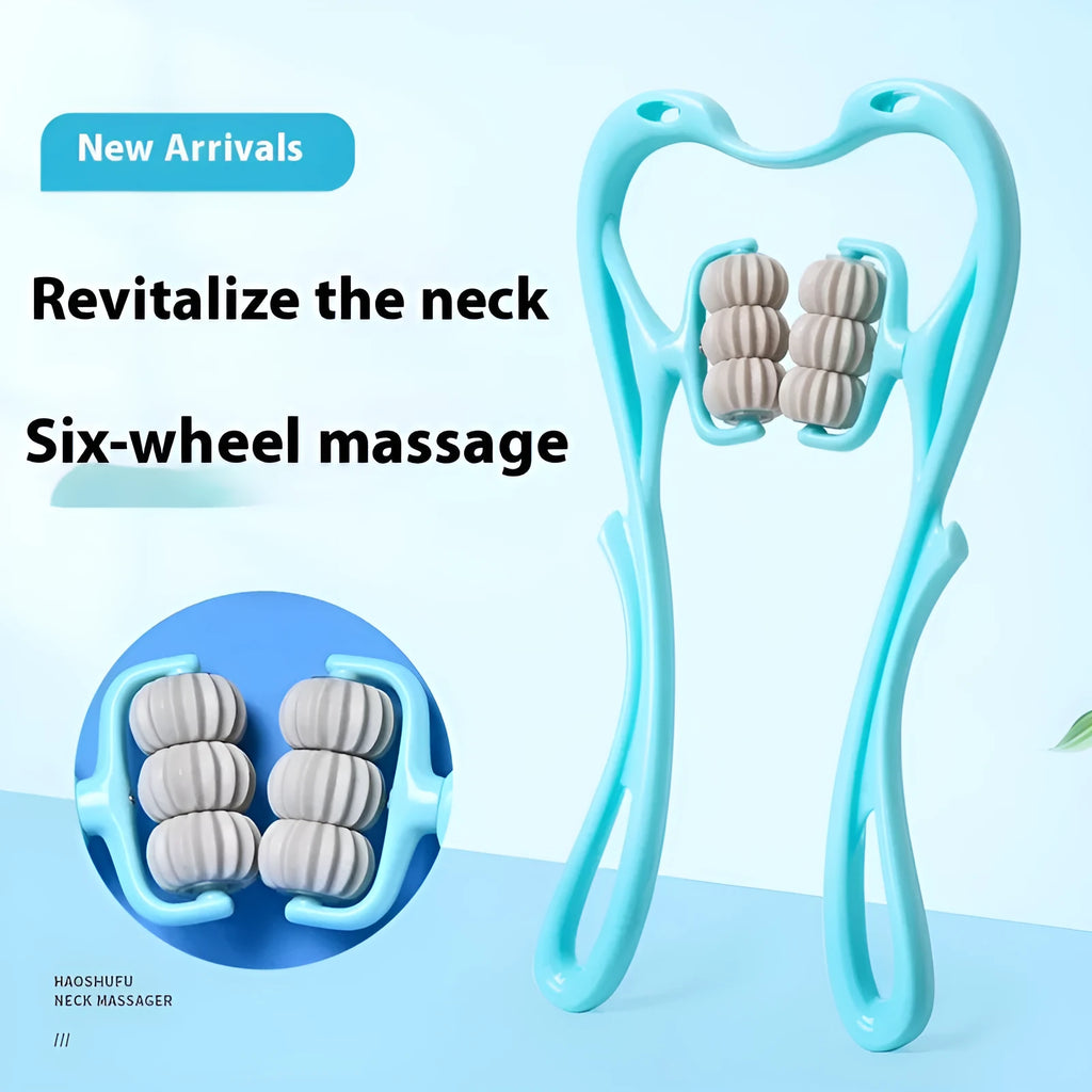 Blue plastic six-wheel neck and shoulder massager showing rolling wheel mechanism