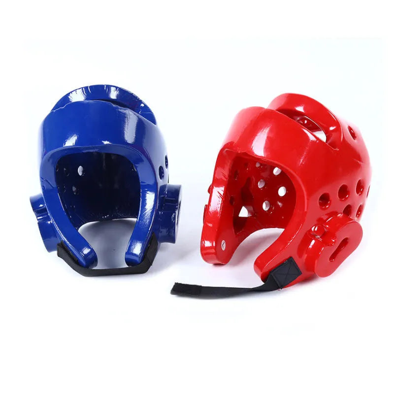 Karate taekwondo protective gear set with leg guards, helmet and boxing gloves in red or blue colours