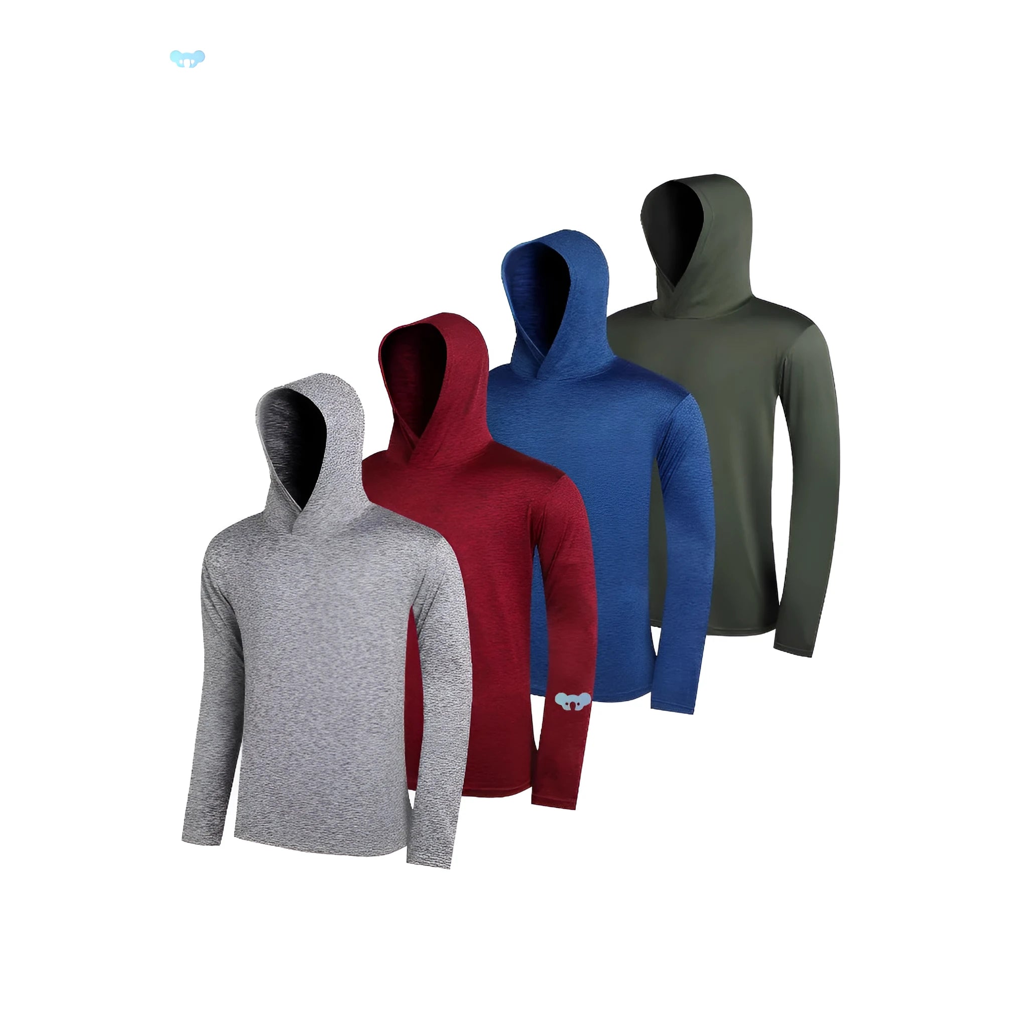 Pack of four men's lightweight polyester hoodies in various colours, showing hooded and non-hooded style options.