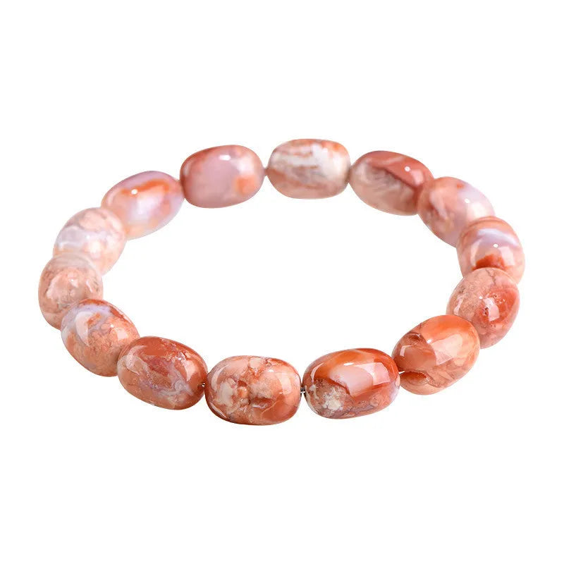 Natural cherry agate barrel bead bracelet with geometric 10x14mm beads and ruyi design