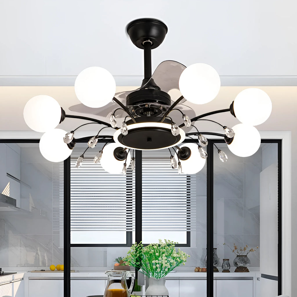 Gold and black ceiling fan lamp with chandelier-style lights and metal blades.