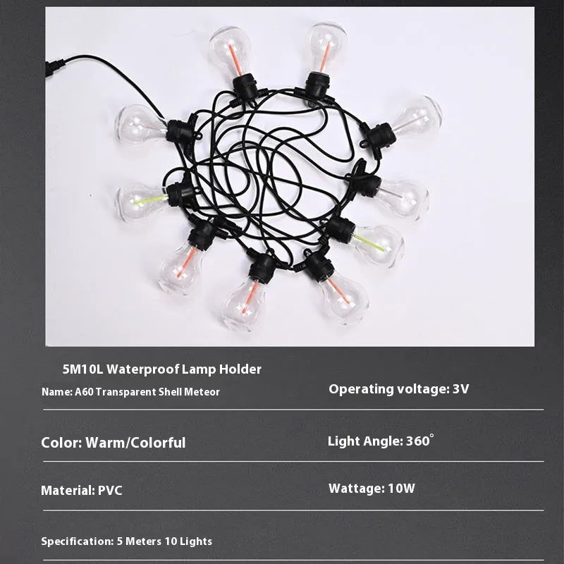 Outdoor waterproof decorative string lights with 10 A60 bulbs on 5 metre cord