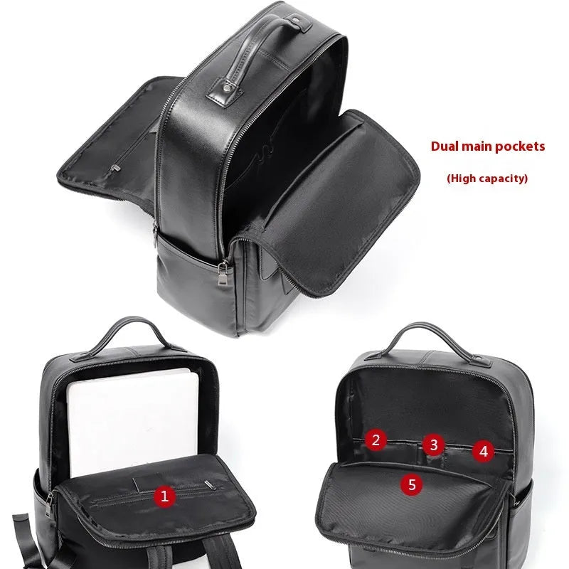 Men's black genuine leather computer backpack with 36-55 litre capacity and business styling