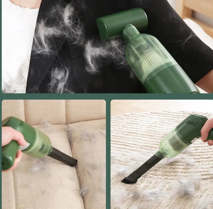 Electric cat and dog hair suction cleaner in green, USB powered, 244x72x157mm, with two suction heads on a fabric surface.