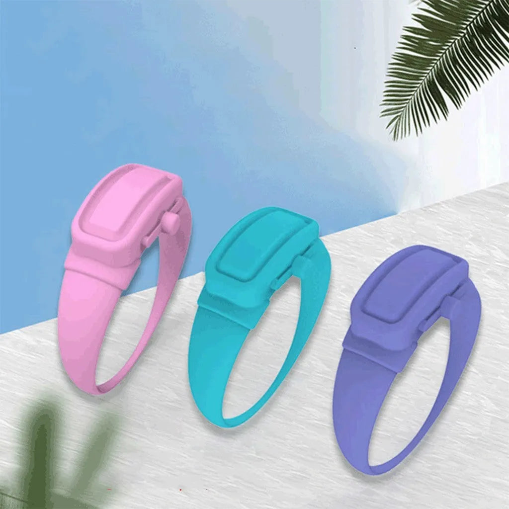Portable hand sanitizer dispenser bracelet in silicone TPU with two refill caps, shown on a wrist