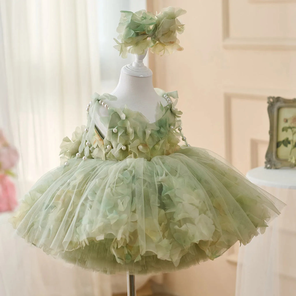 Girls' FARCENT princess dress in green champagne contrast colour, polyester lined, sizes 80cm to 160cm