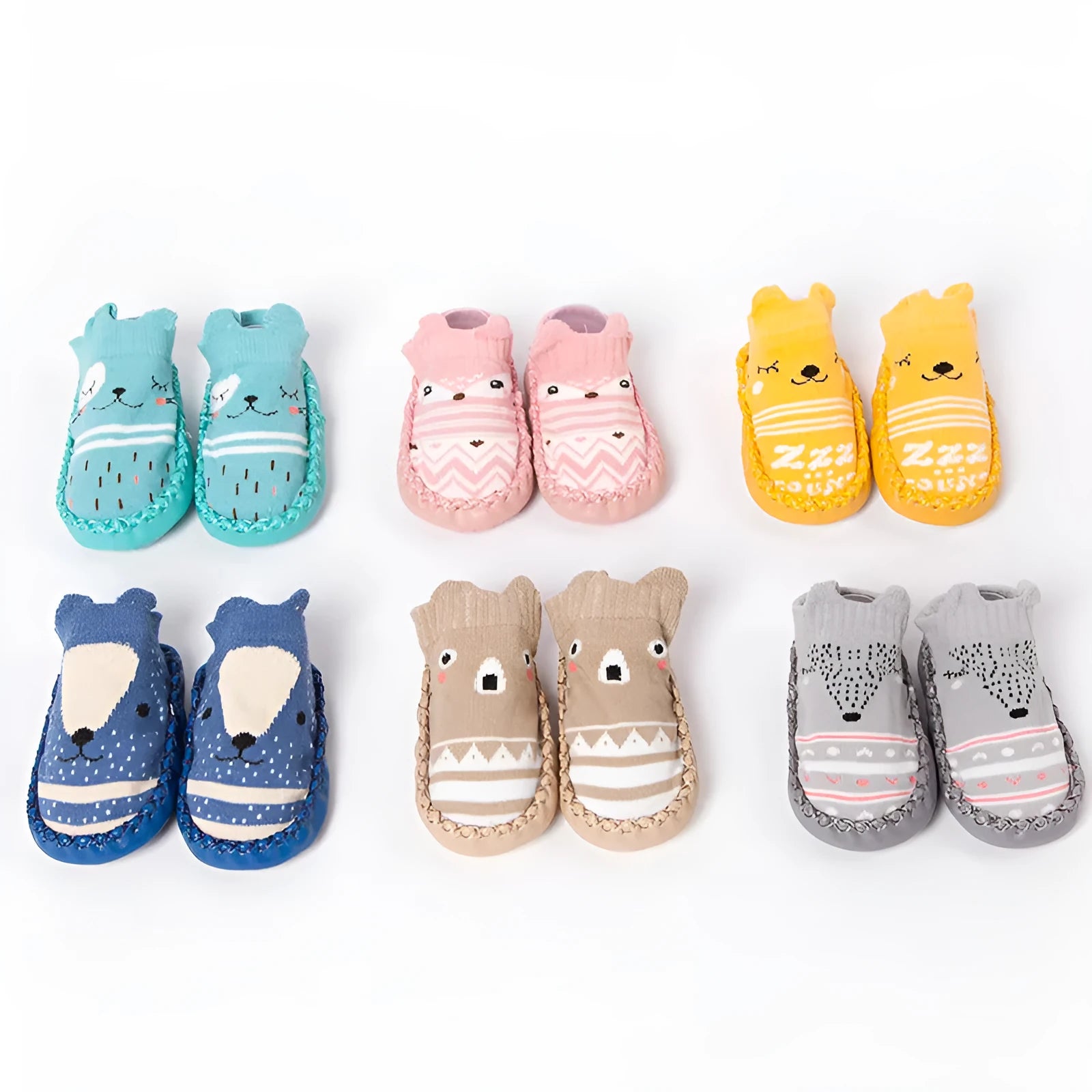 Set of cartoon baby non-slip floor socks in combed cotton with colour options including pink, blue, and grey