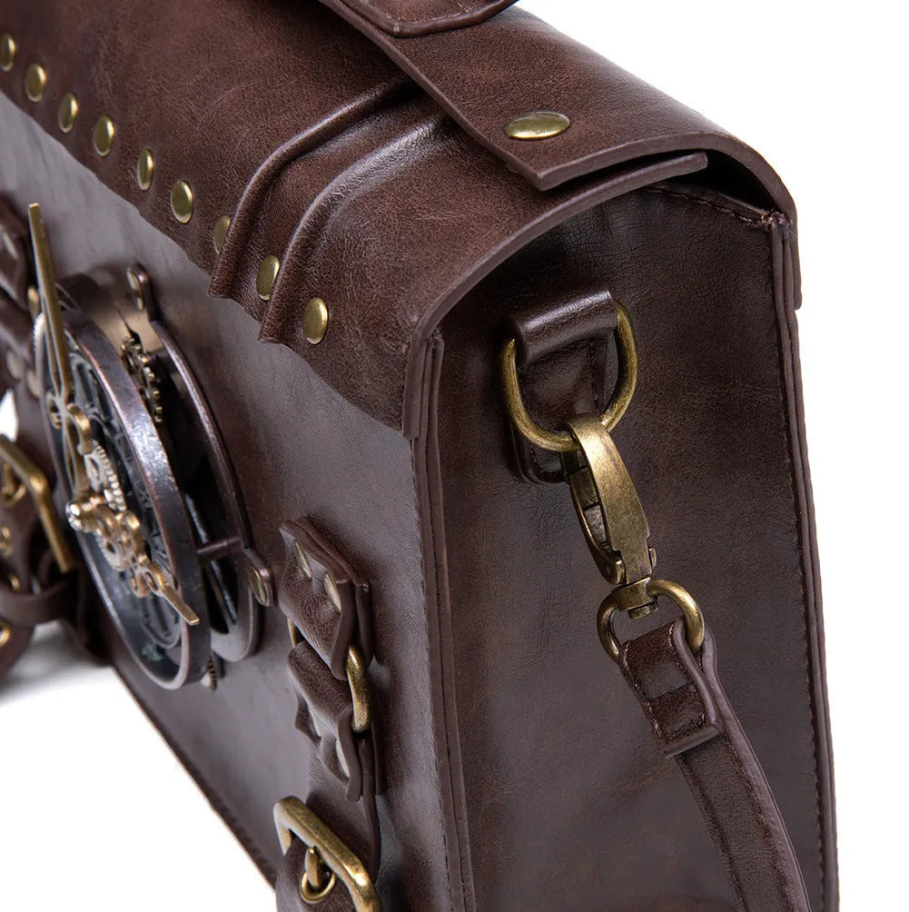 Bronze steampunk industrial retro shoulder bag with metal details and horizontal square pillow shape