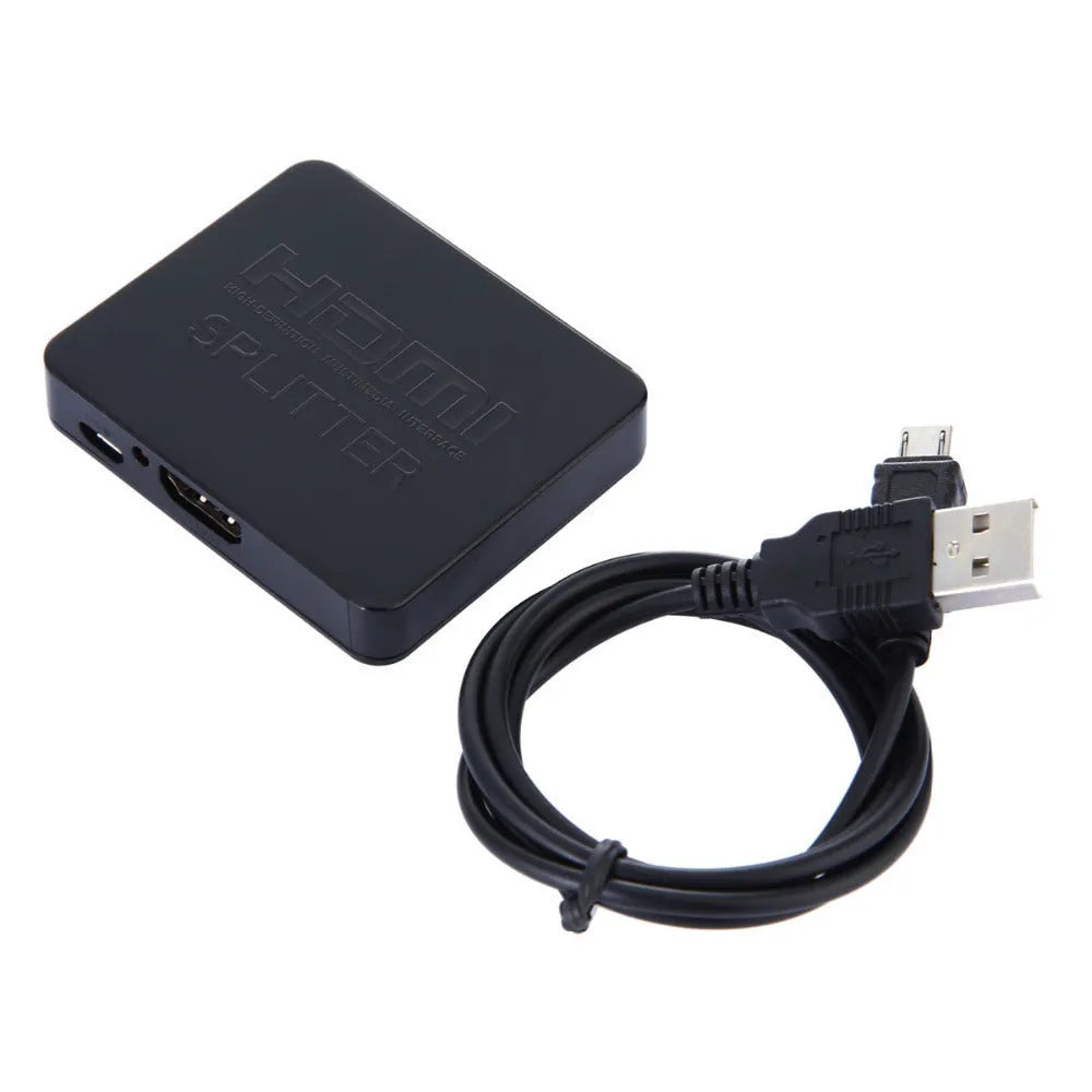 Mini HDMI splitter 1 input 2 output in black with HDMI ports and compact body for dual display sharing