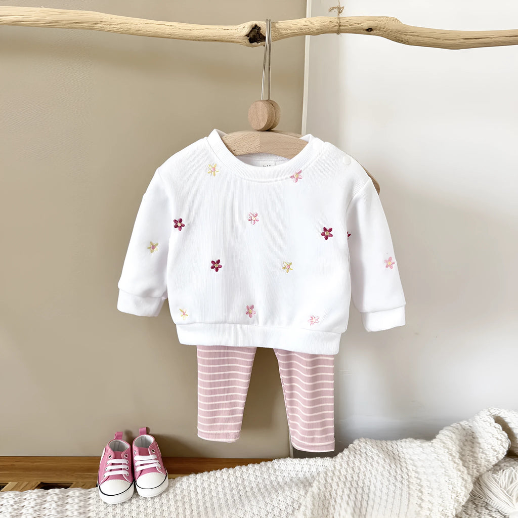 White baby girl floral embroidered pullover sweatshirt suit with matching pants, polyester fibre fabric