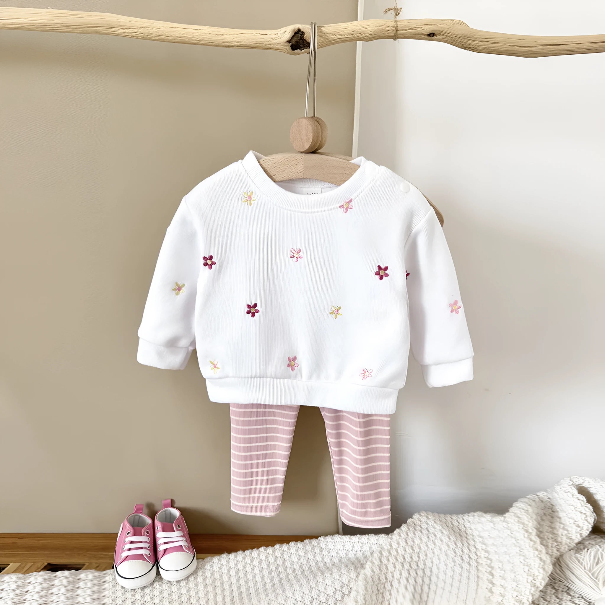White baby girl floral embroidered pullover sweatshirt suit with matching pants, polyester fibre fabric