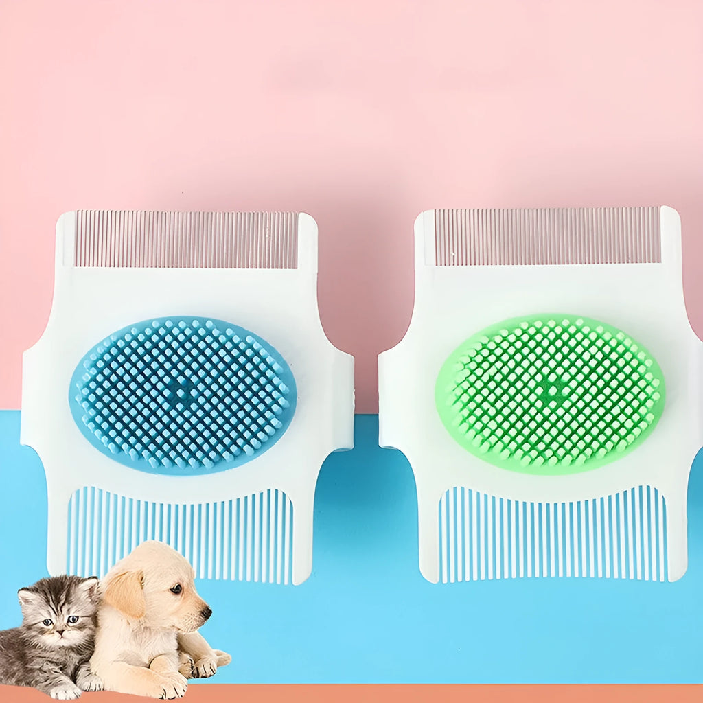 Blue and green multifunctional pet grooming comb with floating hair removal and massage functions