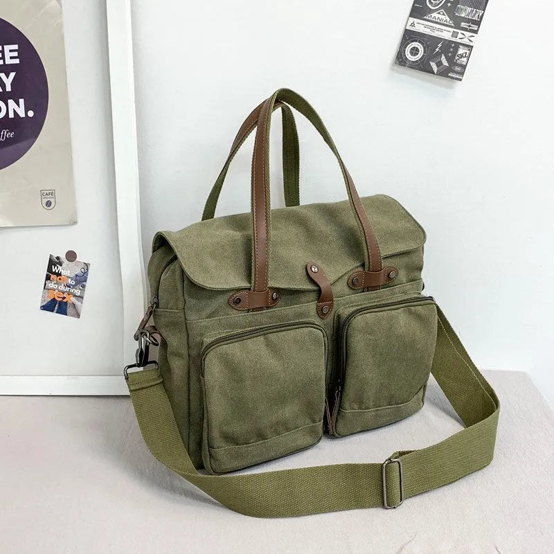 Large capacity canvas men's crossbody bag with multi-compartments, polyester lining, stitching and rivets, black green or khaki
