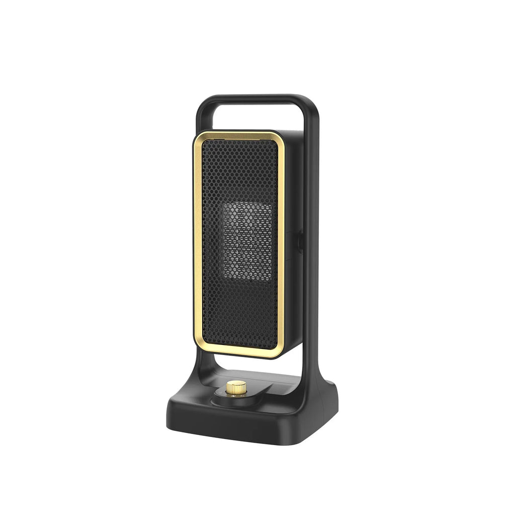 Black HQ-500A desktop PTC ceramic heater showing compact design with control knob