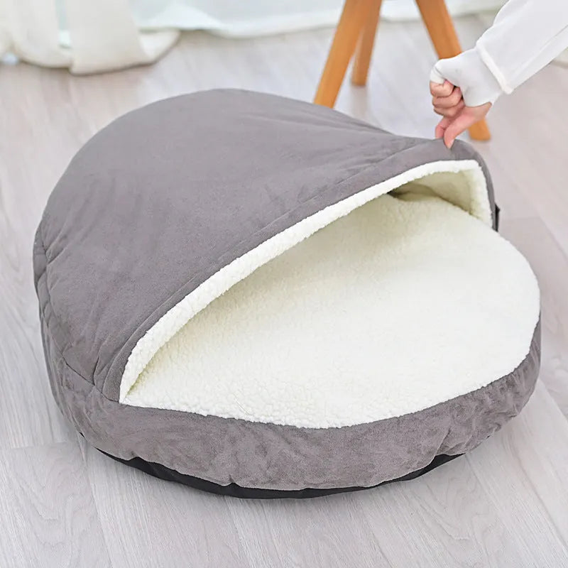 Brown cloth dog kennel with a removable washable cover shown next to a grey version.