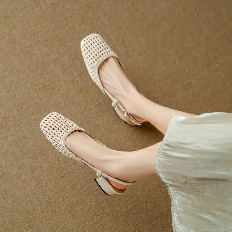 Women's beige woven closed-toe sandals with a square toe, belt buckle, and chunky 4cm heel on a rubber sole.
