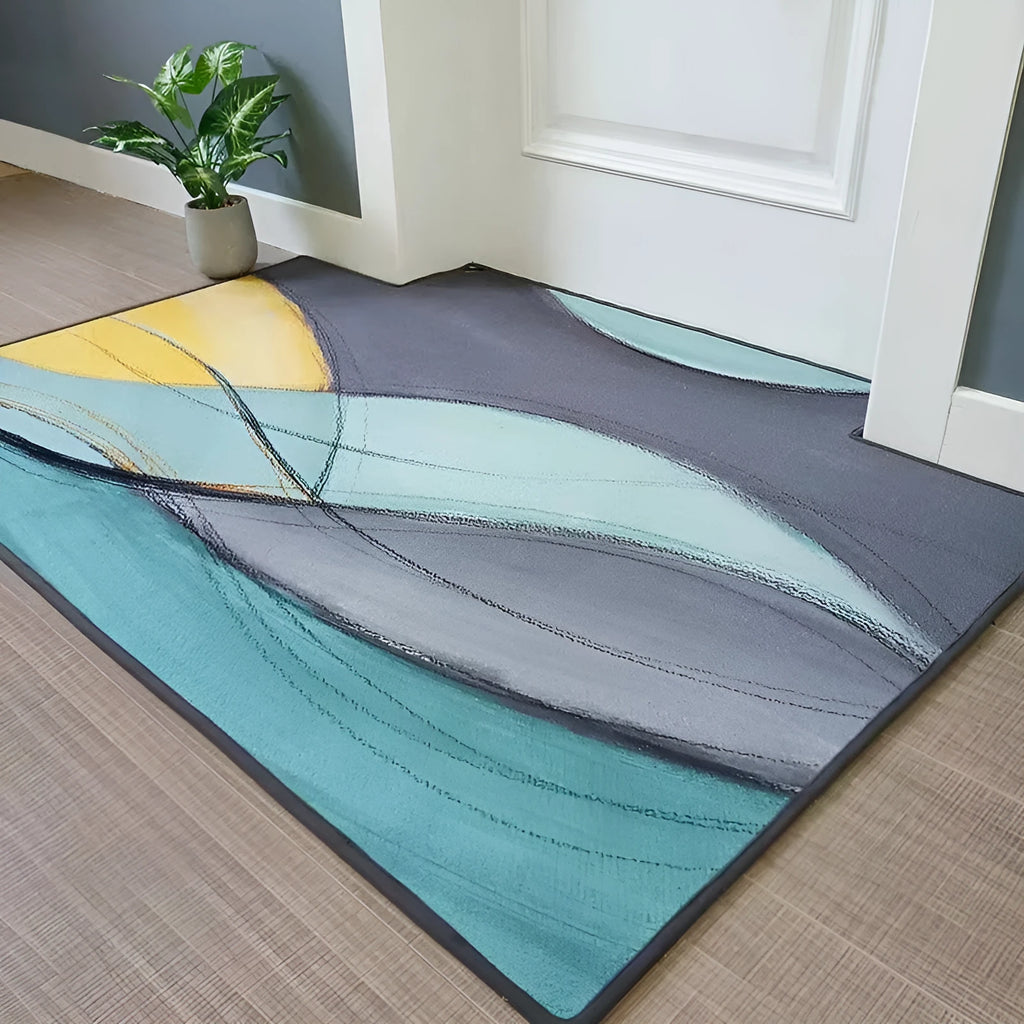 Modern minimalist geometric floor mat in polyester cotton, non-slip, available in wave, hairy geometric, ripple patterns.