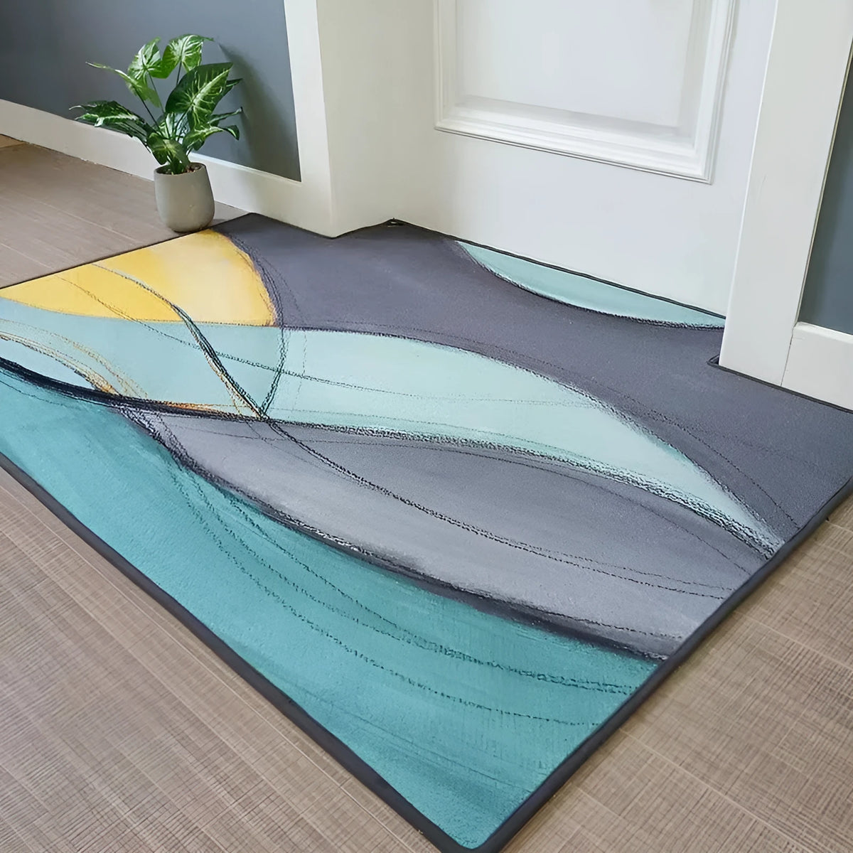 Modern minimalist geometric floor mat in polyester cotton, non-slip, available in wave, hairy geometric, ripple patterns.