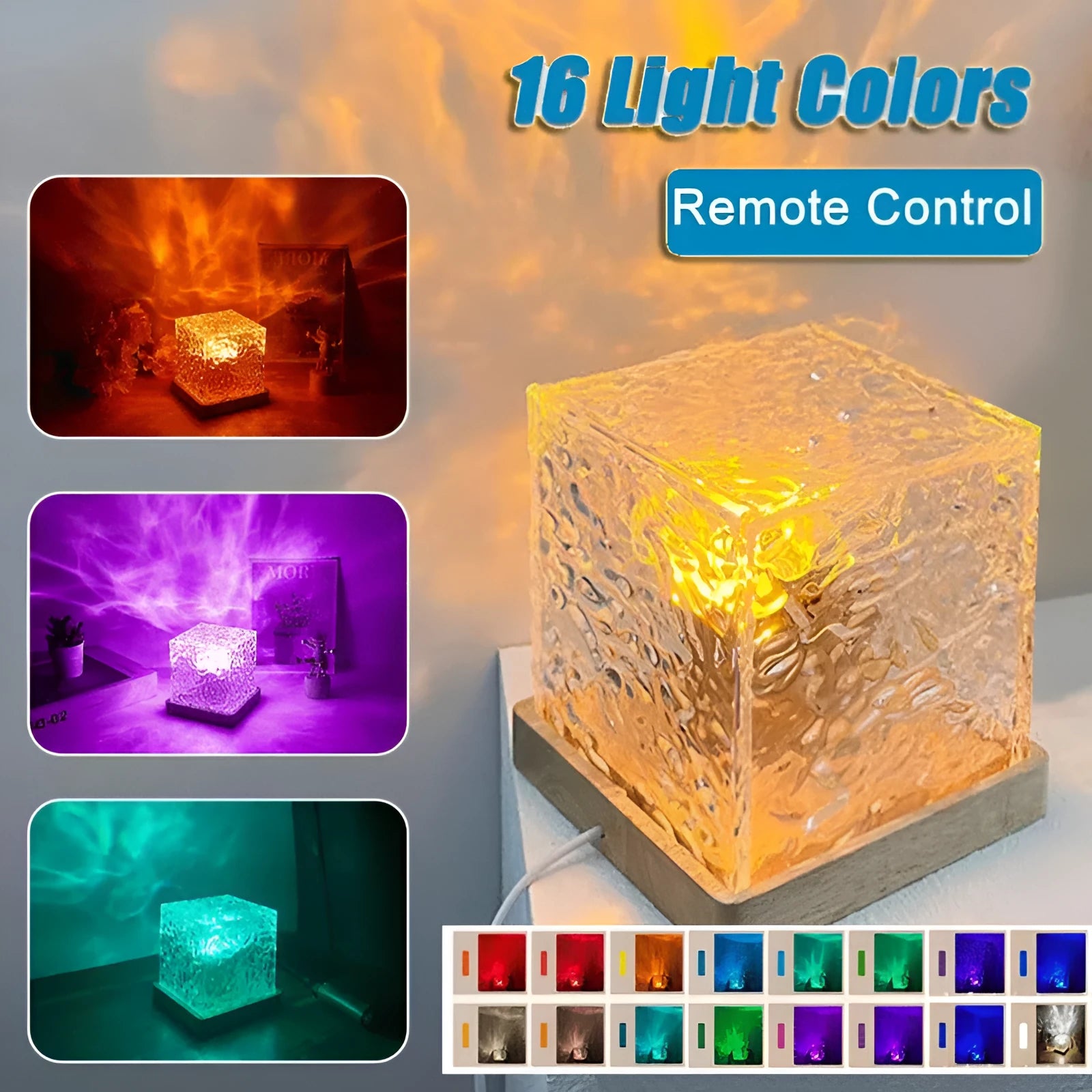 LED water ripple night light with 16 colours, USB powered, remote control, 11x11cm crystal lamp