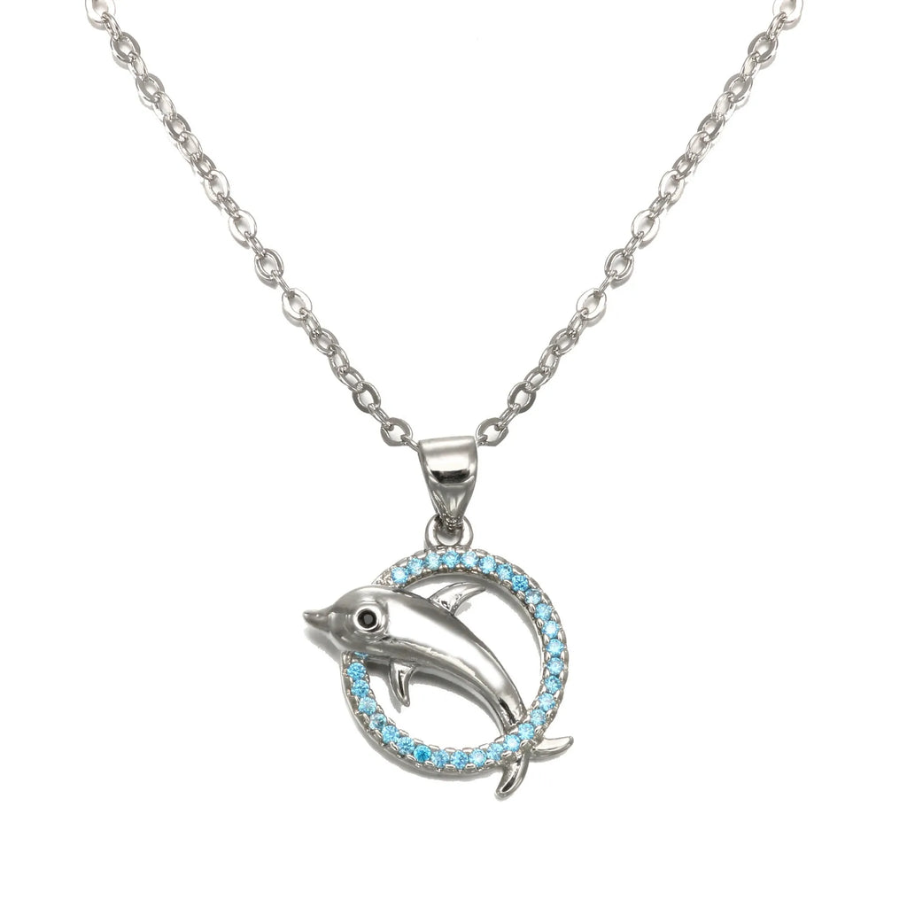 Romantic dolphin copper pendant necklace available in rose gold and silver finishes