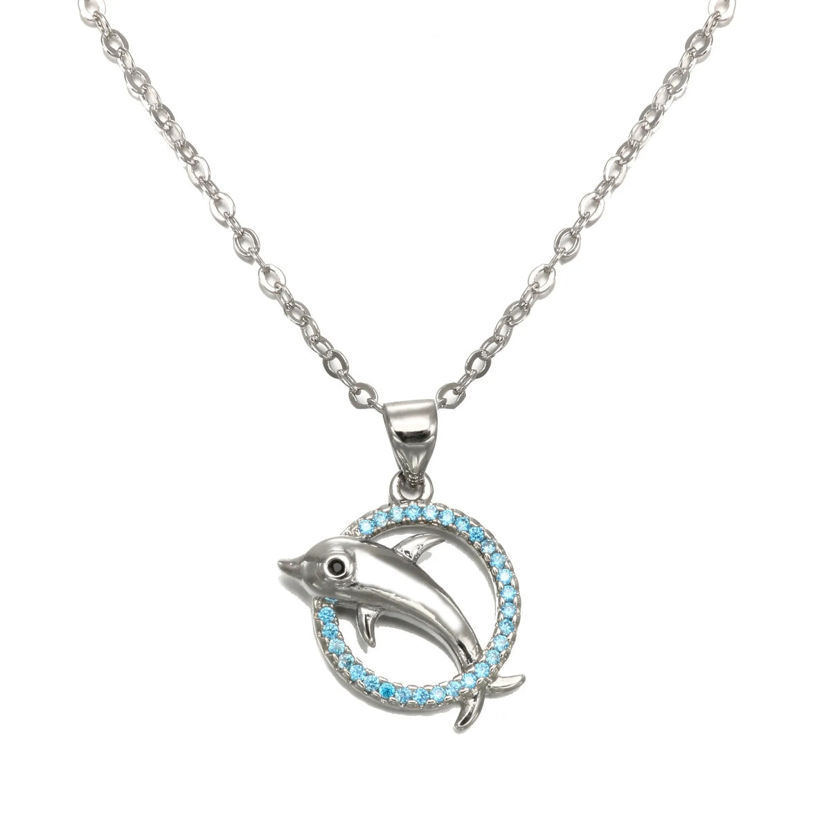 Romantic dolphin copper pendant necklace available in rose gold and silver finishes