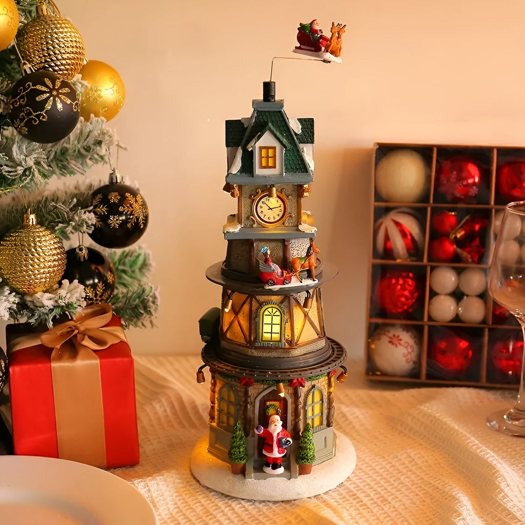 Christmas resin rotating music box decoration, bell tower design, 32cm high, battery operated ornament