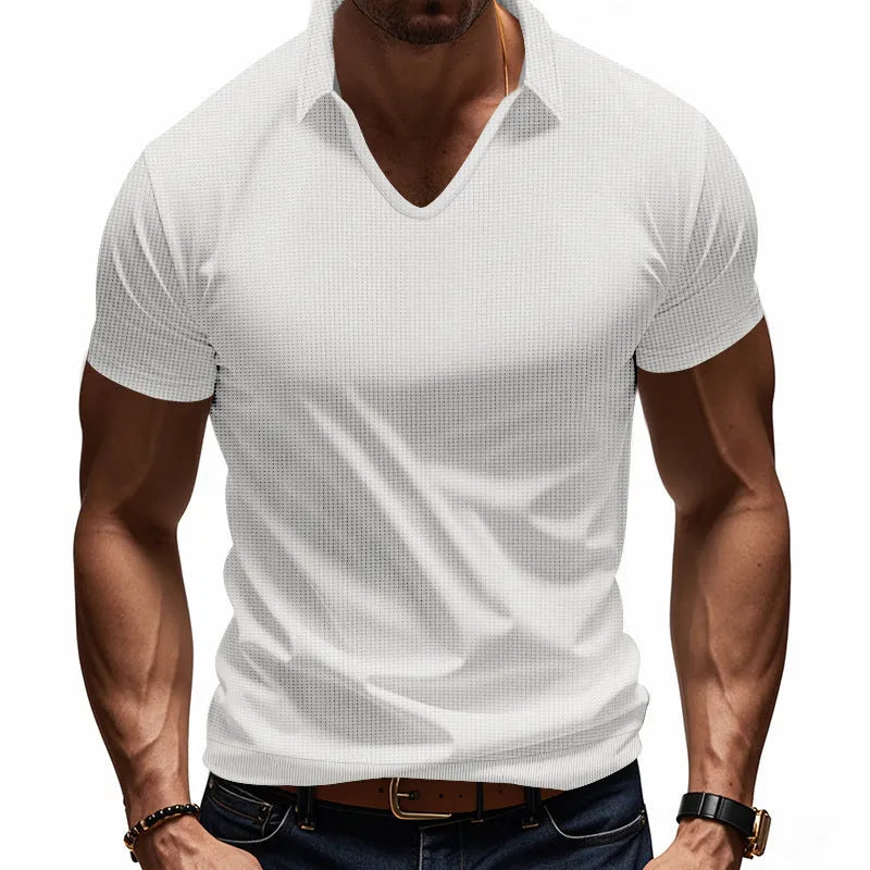 Men's casual V-neck short-sleeve top in loose cotton-blend fabric