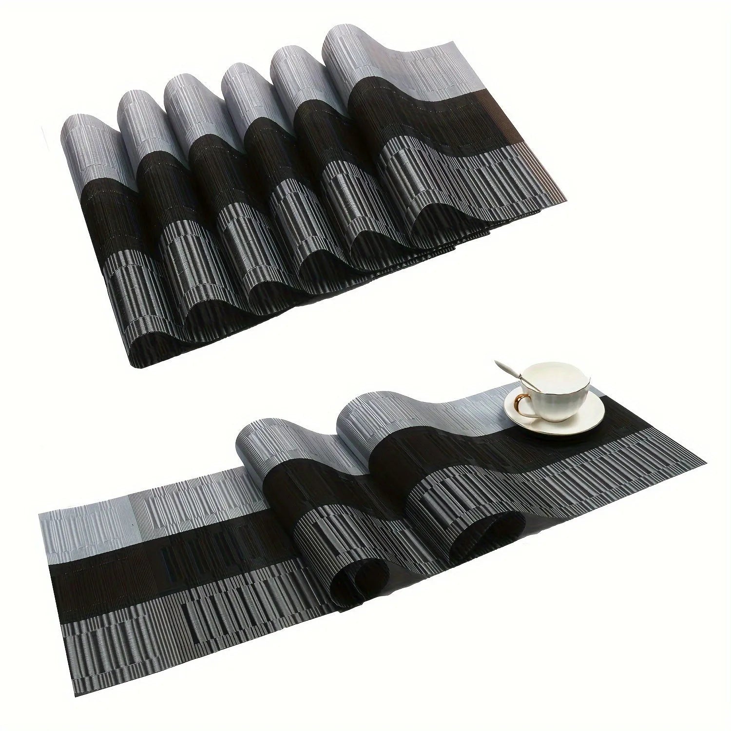 Non-slip PVC dish mat in gradient bamboo pattern protecting a kitchen countertop.