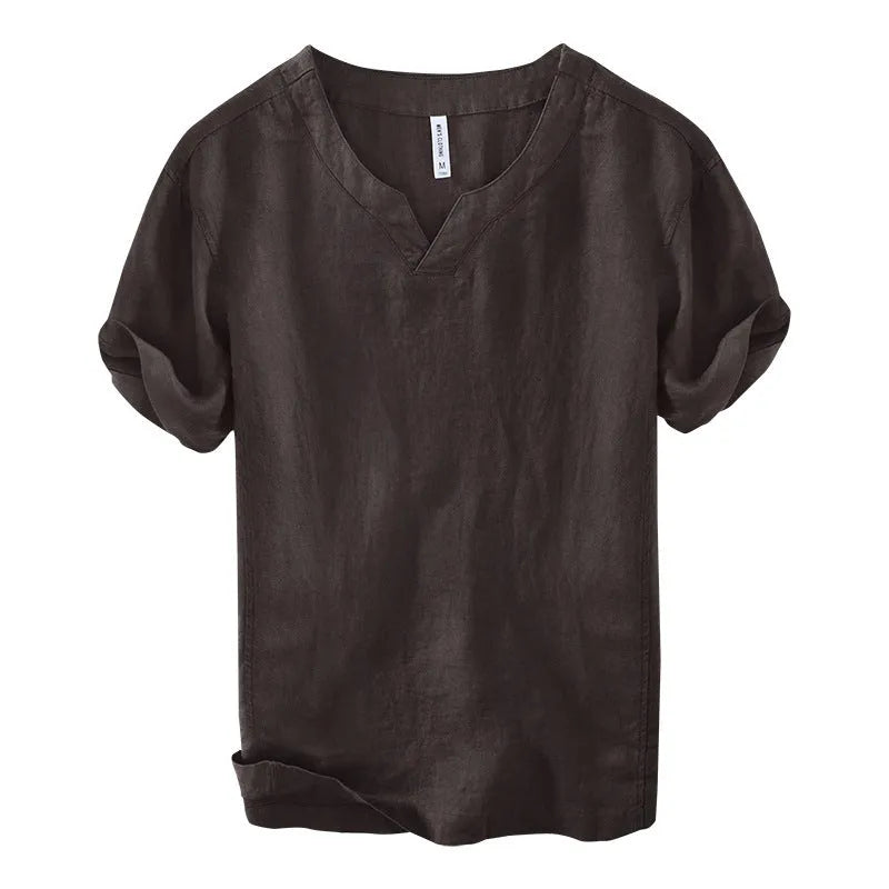Linen pullover short sleeve t-shirt top in khaki colour with relaxed fit and tunic length
