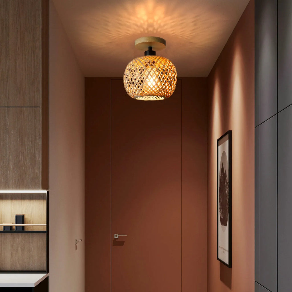Japanese-style bamboo ceiling lamp with rattan shade in natural wood colour for corridor lighting