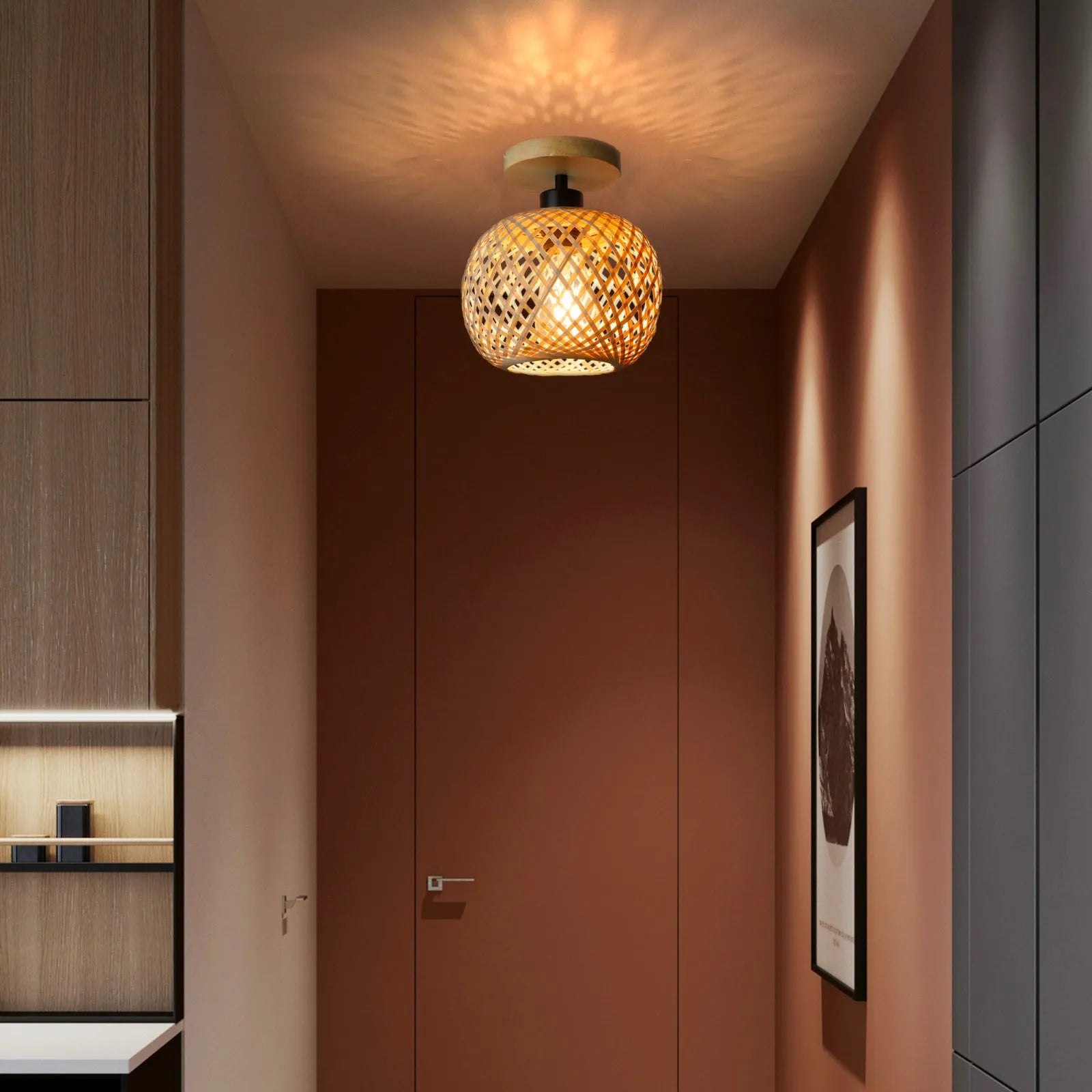 Japanese-style bamboo ceiling lamp with rattan shade in natural wood colour for corridor lighting