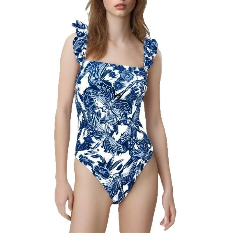 Women's French printed two piece polyester swimsuit set in multicolour, sleeveless, sizes S-XL