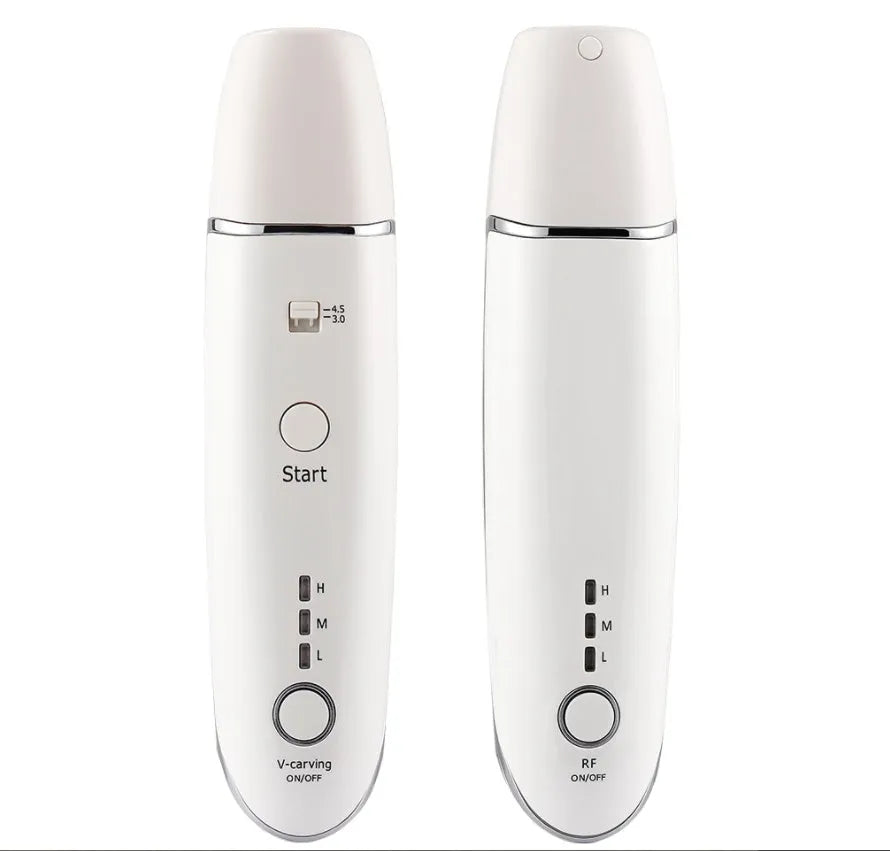 Wrinkle removal V-shape beauty device with RF HIFU, 20W, 17x4cm, ABS, includes syringe and adapter.