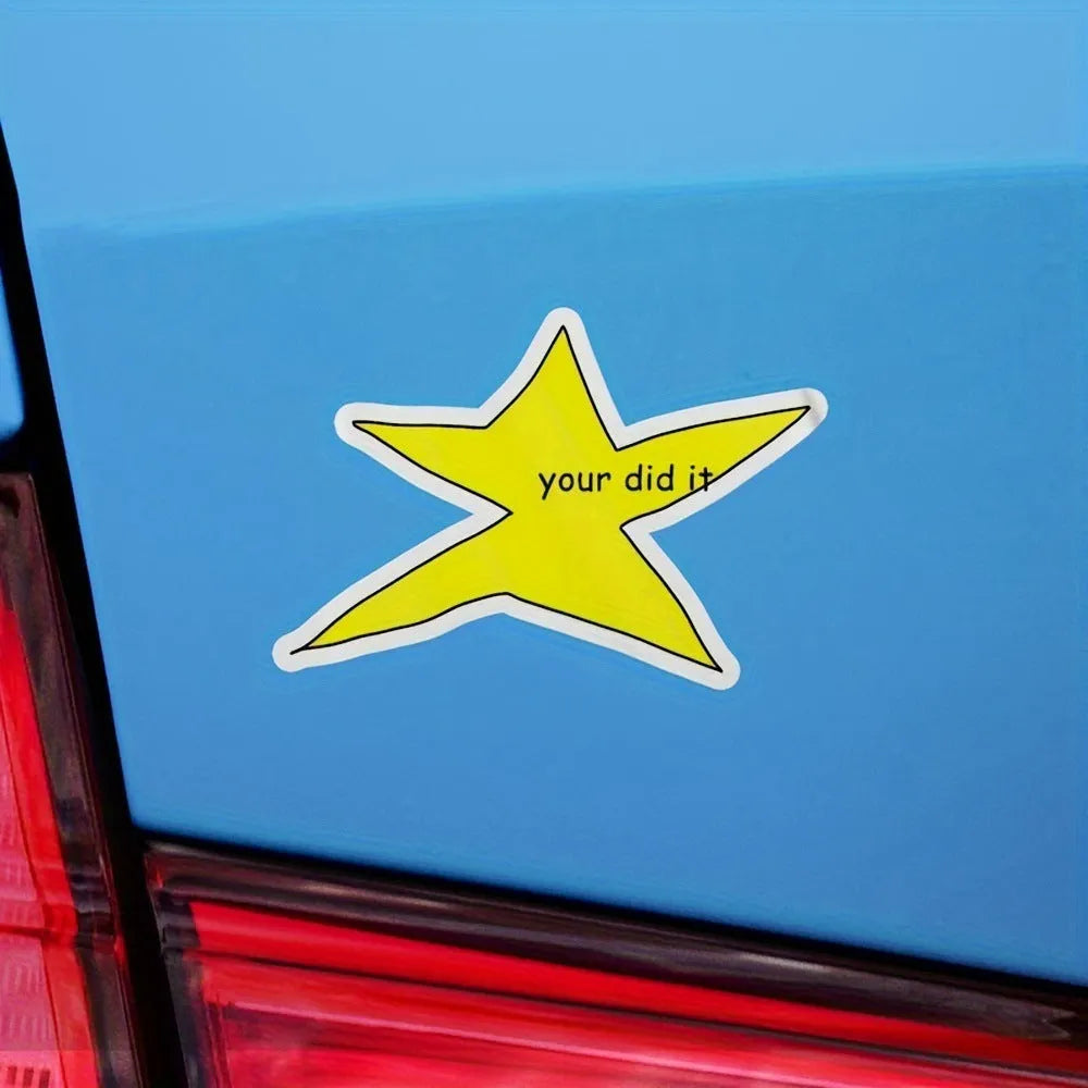 A square waterproof vinyl sticker with a funny facial expression, shown in two size options: 3.5 inches and 7 inches.