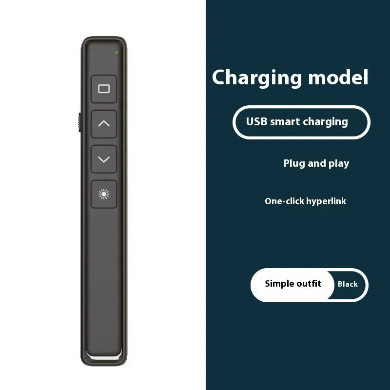 A black wireless presentation remote control pen for advancing PowerPoint slides.