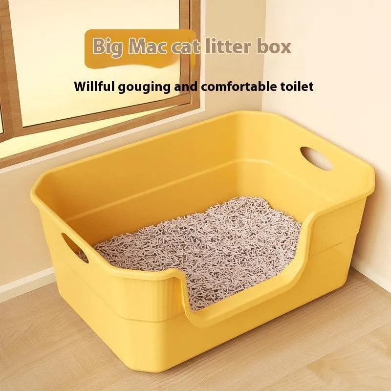Oversized splash-proof PP cat litter box in 50cm with open semi-closed design and free litter spoon