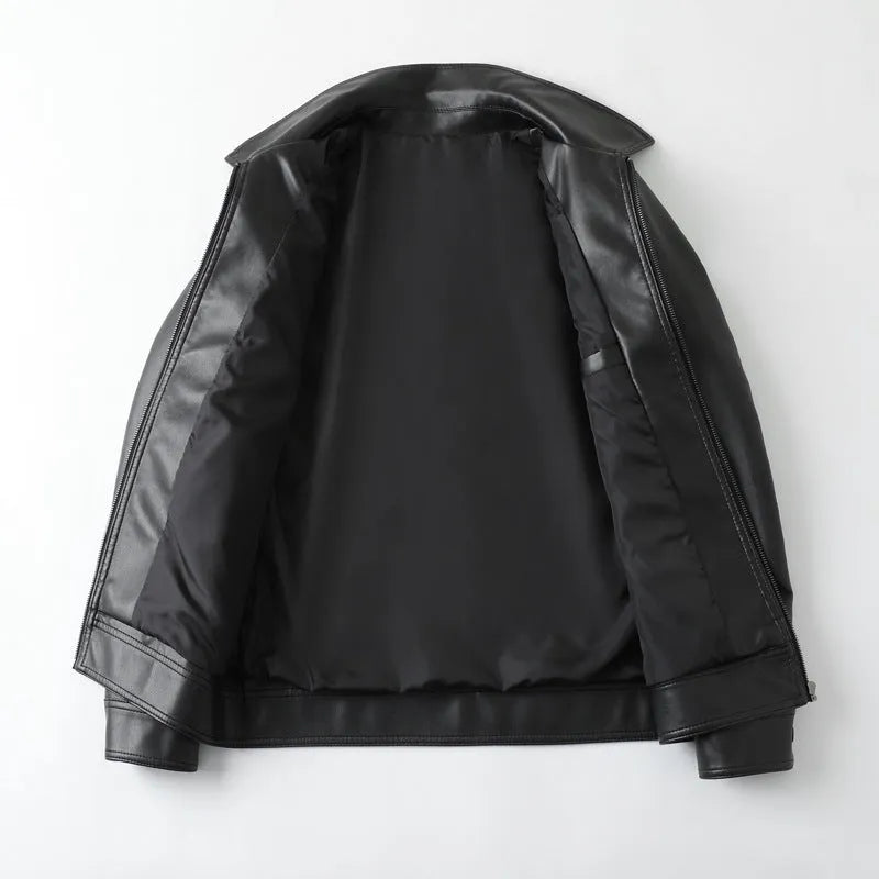 Men's black PU leather jacket with zippered pockets and loose fit design