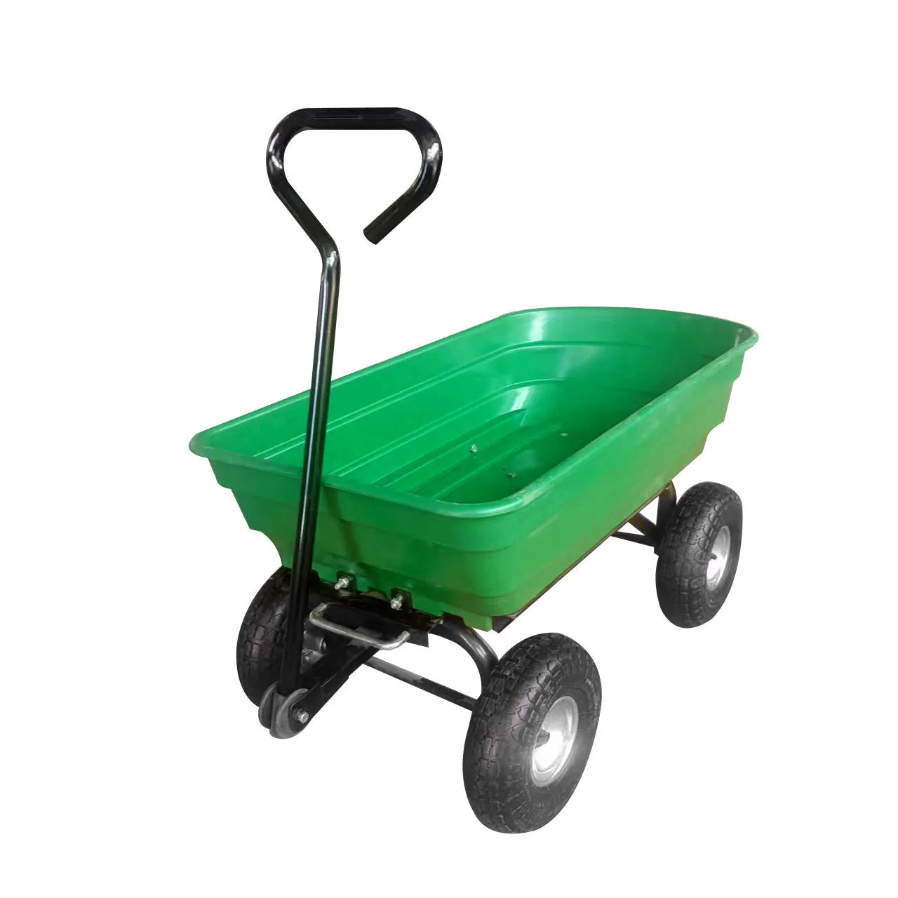 Green four-wheel plastic dump truck with steel frame for garden and farm use.