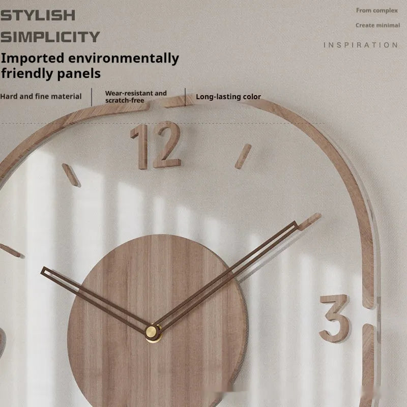Transparent wooden wall clock with modern silhouette design on wall
