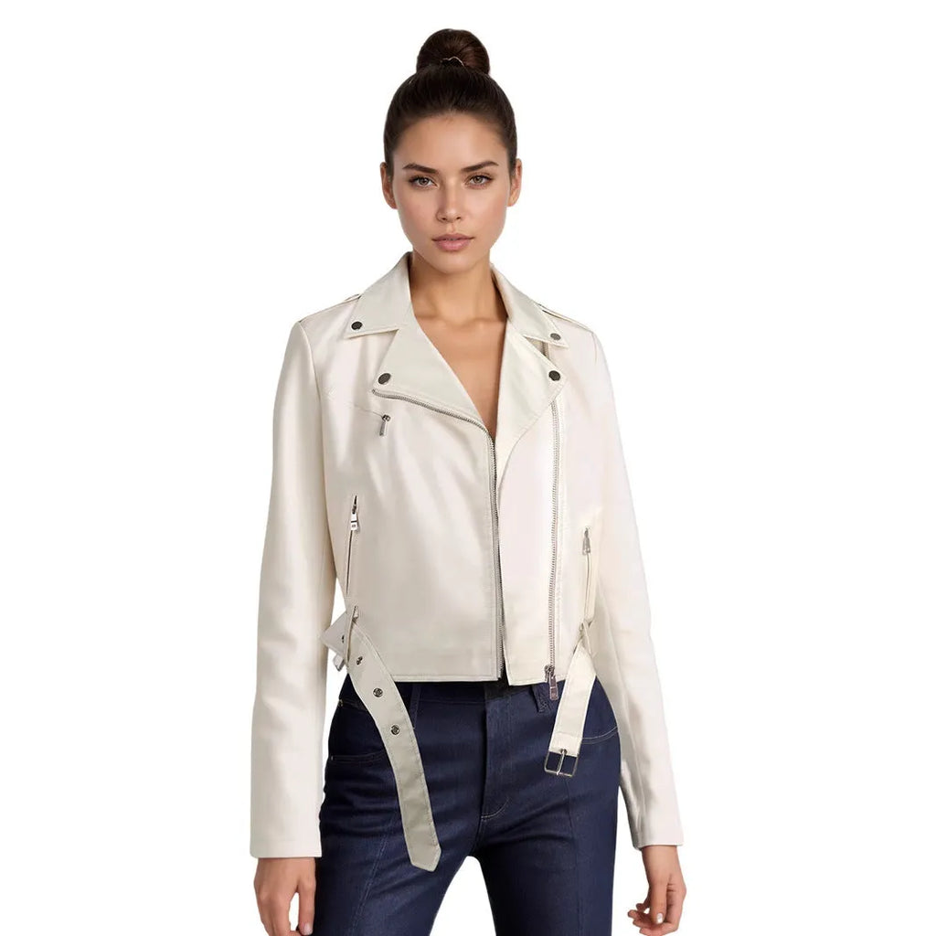 Women's short PU leather motorcycle jacket with belt in black, red, milky white, and dark brown colours showing lapel collar and regular fit.