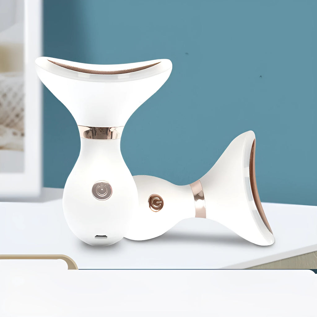 Tightening beauty instrument with USB charging and blue, green, and red light modes for home neck wrinkle care.