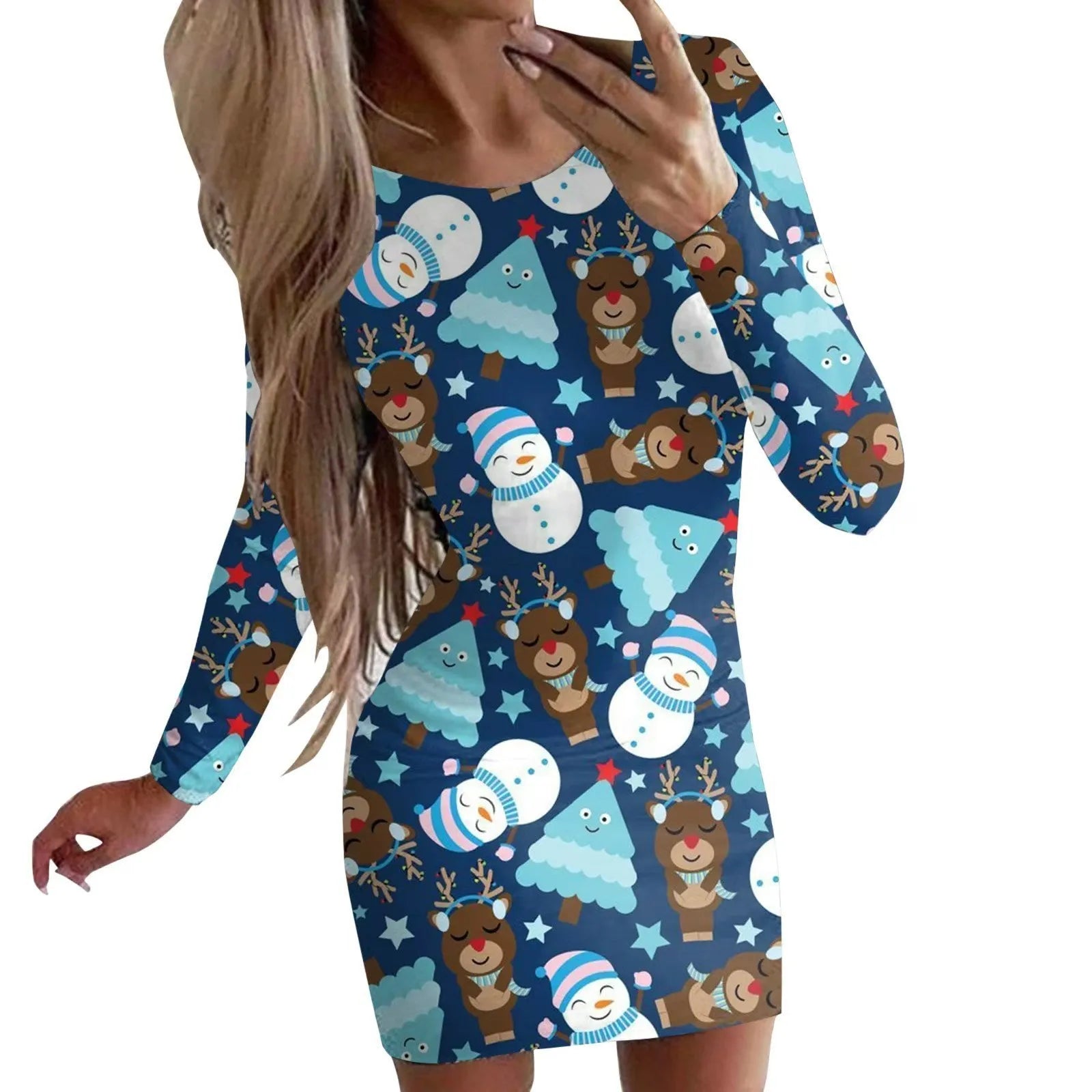 Christmas printed dress with animal pattern design showing narrow fit and hip skirt styling