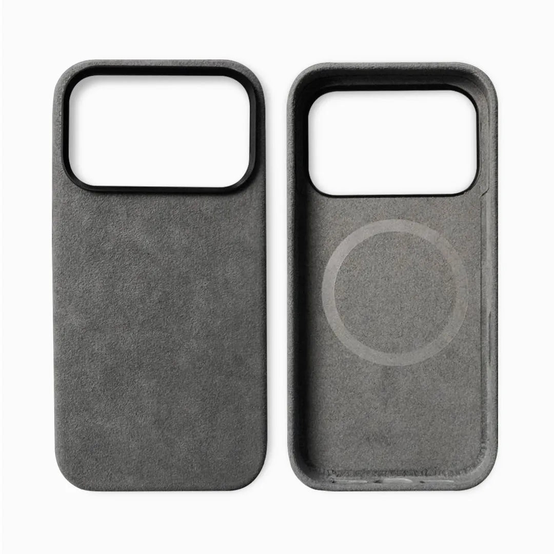 Handmade Alcantara phone case for iPhone 17 Pro Max, dark gray, with magnetic suction and anti-fingerprint finish