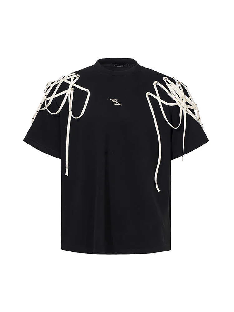 Black loose fit women's T-shirt with rivet ribbon padded shoulder detail and short sleeves