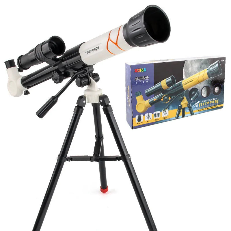 White and yellow kids astronomical telescope with tripod stand showing 150X magnification for youth education