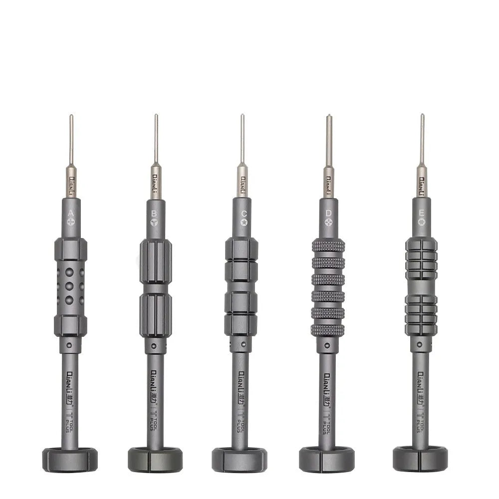 Compatible iPhone precision screwdriver with five bit types in a grenade-shaped aluminium handle.