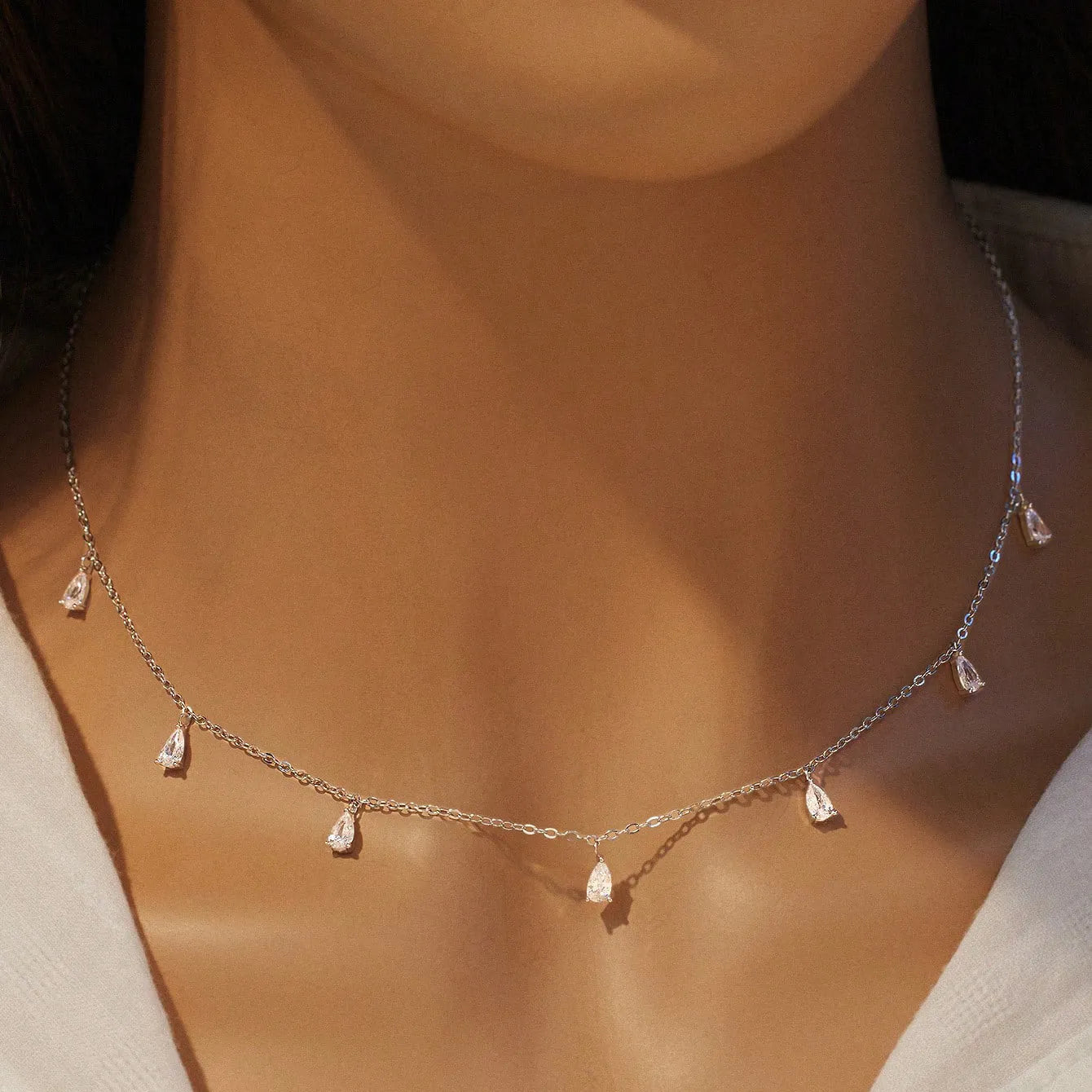 925 silver drop-shaped artificial zircon necklace with adjustable O-chain in silver, rose gold, or golden yellow