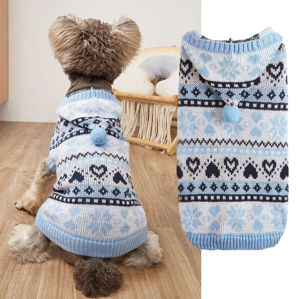 Acrylic knitted dog sweater with snowflake, love heart, and striped camouflage patterns in pink, blue, or grey colours