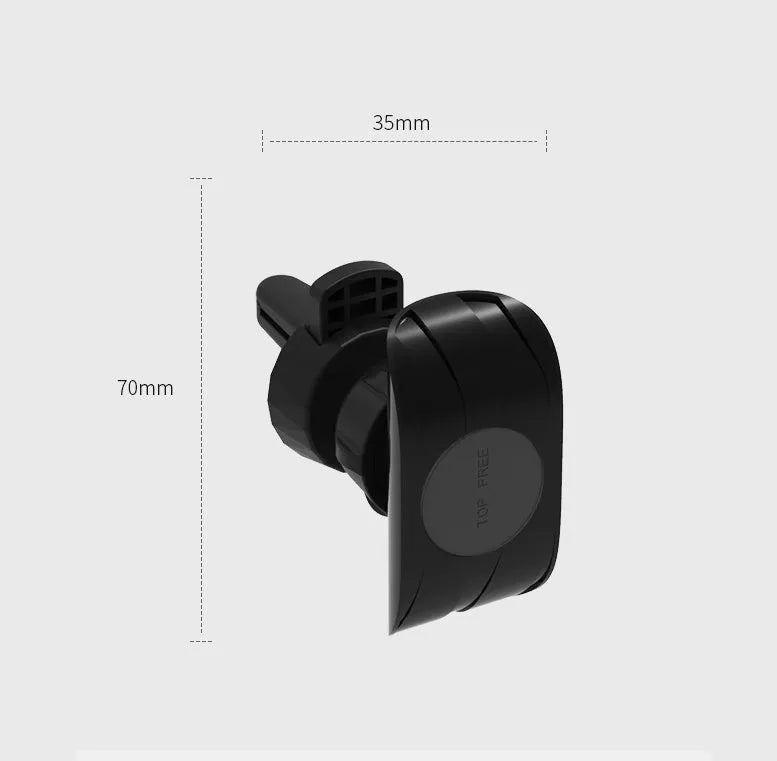 Black magnetic car phone holder mounted on car air vent with phone attached